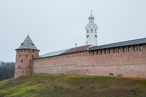 Wall of the Novgorod Kremlin behind the moat, Russia