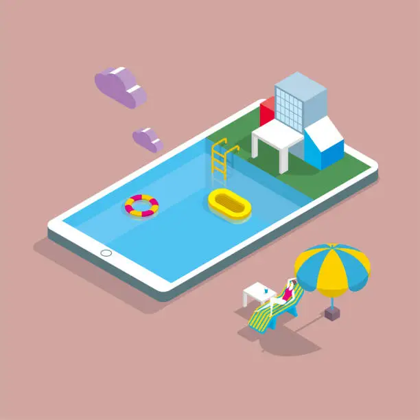 Vector illustration of Holiday villa on mobile phone. swimming pool, a woman lying in a chair and resting. The background is brown.