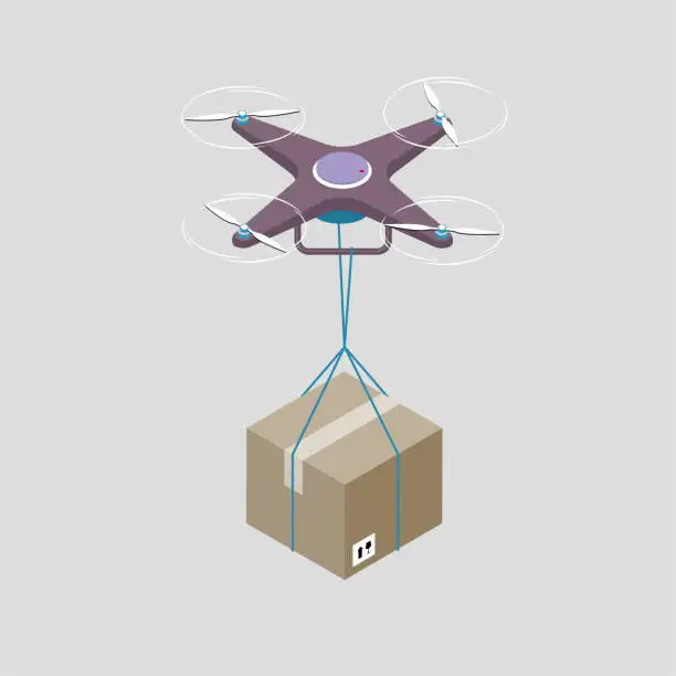 Vector illustration of Drones transport goods. The background is gray.