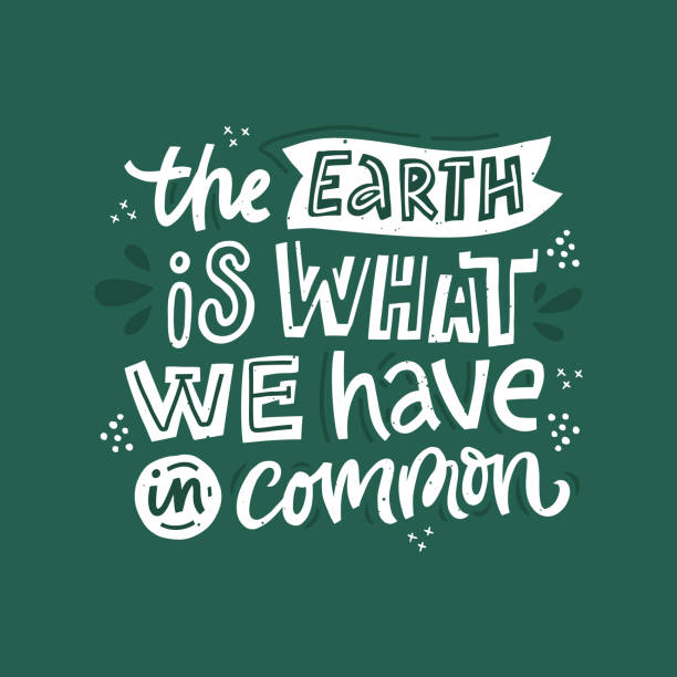 ilustrações de stock, clip art, desenhos animados e ícones de earth day slogan scandinavian style vector illustration. earth is what we have in common hand drawn lettering. decorative tshirt, banner typography. environment preservation campaign message - earth day banner placard green