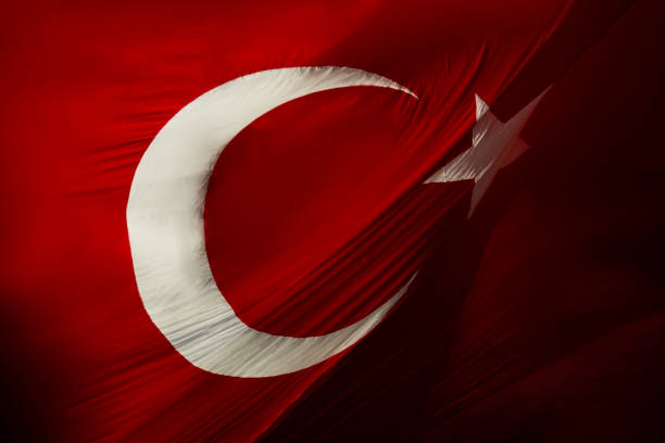 şanlı gerçek türk bayrağı arka plan dokusu üzerinde gerçek kırışıklıklar ile sallayarak. - türk bayrağı stok fotoğraflar ve resimler
