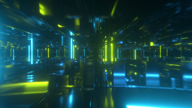 istock Flying in a technological abstract space with luminous neon tubes. Cyberpunk style. Modern green spectrum of light. 3d illustration 1209560390