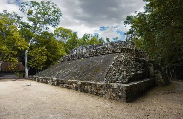 Cobá, Mexico, December 10, 2016: One of two ballgame courts at this ancient Mayan city. Cobá is believed to have never been discovered by Spanish conquerors.