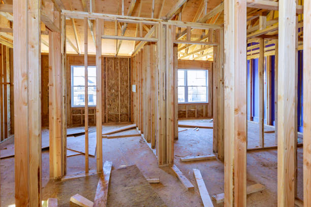 istock Under construction home framing interior view of house 1209571081