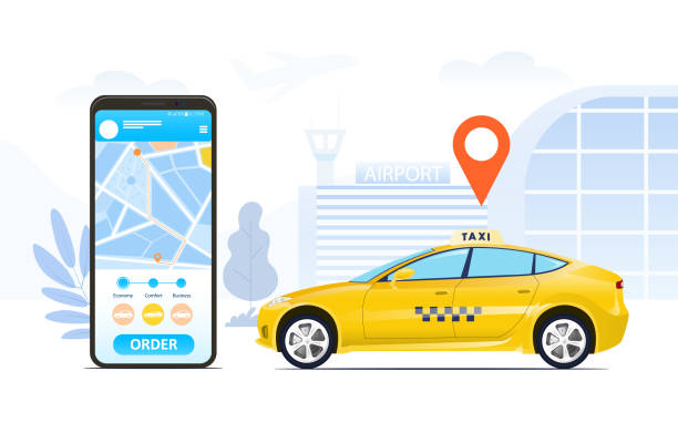 歓迎アプリを使用してオンラインタクシーを注文する - car map car rental land vehicle点のイラスト素材／クリップアート素材／マンガ素材／アイコン素材