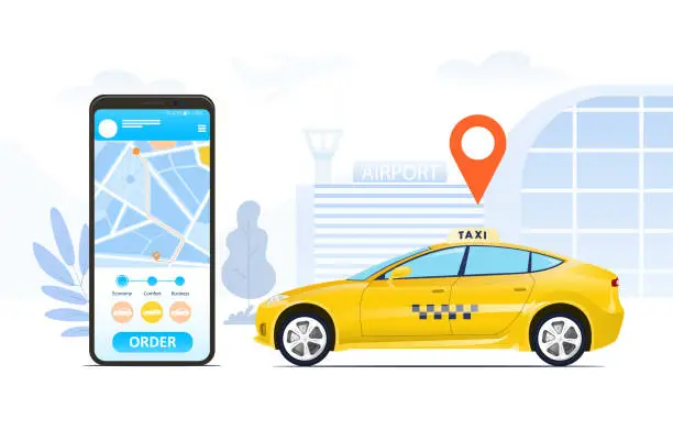 Vector illustration of Ordering a Taxi online using a hailing app
