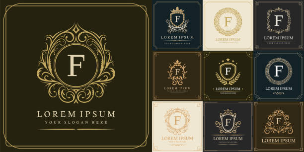 Set of luxury logo template, Initial letter type F, vector illustration Set of luxury logo template, Initial letter type F, vector illustration antique illustration of ornate letter f stock illustrations
