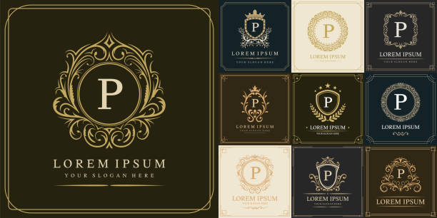 Set of luxury logo template, Initial letter type P, vector illustration Set of luxury logo template, Initial letter type P, vector illustration letter p stock illustrations