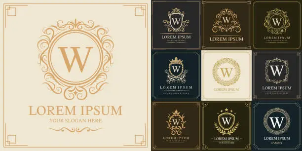 Vector illustration of Set of luxury logo template, Initial letter type W, vector illustration