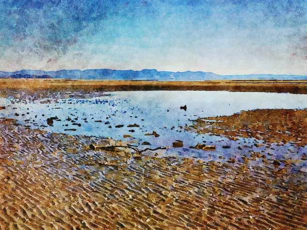This is my Photographic Image of a Seascape Horizon at Lowtide in a Watercolour Effect. Because sometimes you might want a more illustrative image for an organic look. The image was taken in Pohara Beach, Near Takaka, in the Tasman District of New Zealand's South Island.