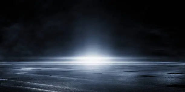 3D rendering wet asphalt, reflection of neon lights, a searchlight, smoke. Abstract light in a dark empty street with smoke, smog. Dark background scene of empty street, night view, night city.