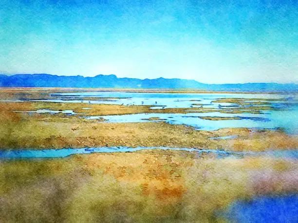 This is my Photographic Image of a Seascape Horizon at Lowtide in a Watercolour Effect. Because sometimes you might want a more illustrative image for an organic look. The image was taken in Pohara Beach, Near Takaka, in the Tasman District of New Zealand's South Island.