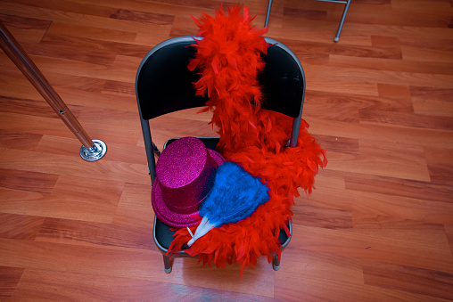 Hat and feathers lying on a chair