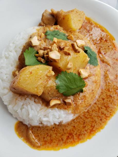 massaman thai curry com frango, arroz de jasmim, batata, coentro, amendoim e cebola em uma tigela - beef bowl curry dish curry sauces - fotografias e filmes do acervo