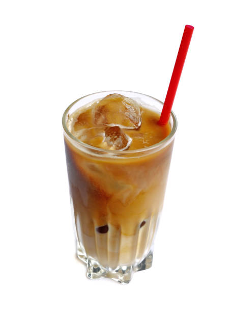 istock Ice coffee drink in tall glass on white 1209589859