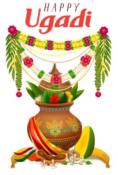 istock Happy Ugadi text greeting card for gudi padwa indian holiday 1209589886
