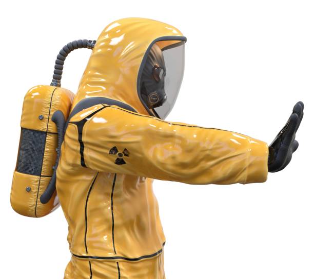 istock Man in a biohazard suit isolated on white 3d illustration 1209590582