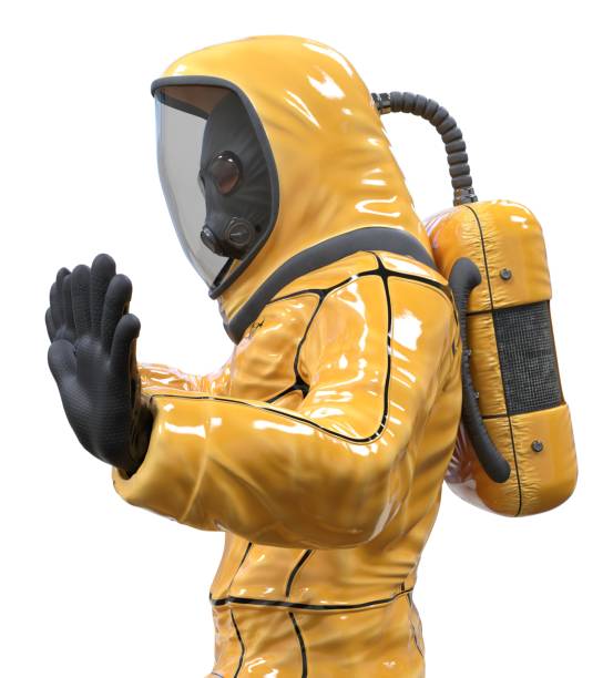 istock Man in a biohazard suit isolated on white 3d illustration 1209590621