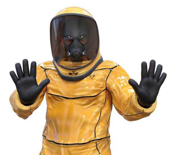 Man in a biohazard suit isolated on white 3d illustration stock photo