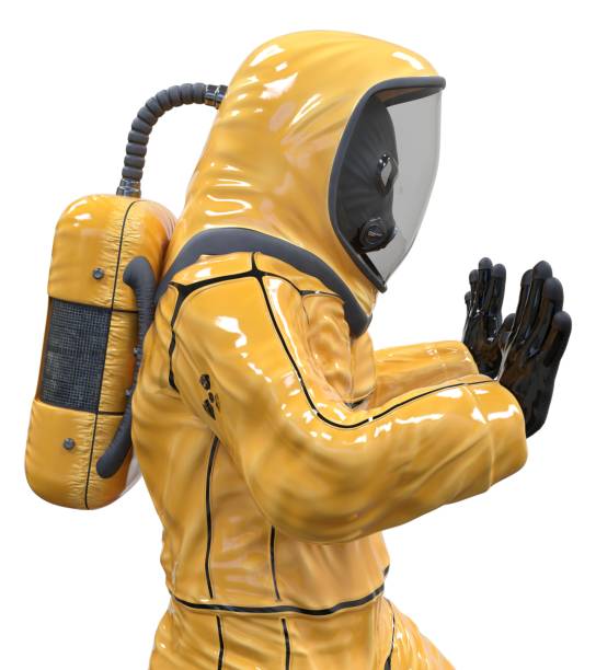 istock Man in a biohazard suit isolated on white 3d illustration 1209590631