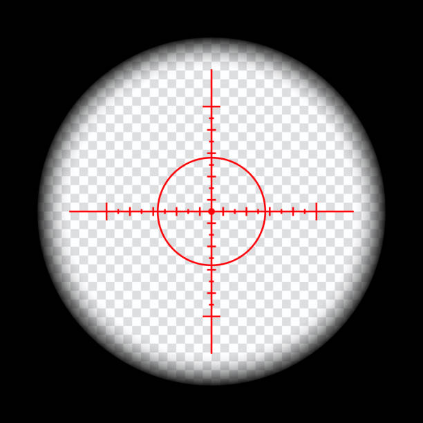 現実的な狙撃スコープのクロスヘアビュー。測定マーク付き狙撃視力。透明な背景上に分離された狙撃スコープテンプレート。ライフル光学視力。 - crosshair gun rifle sight aiming点のイラスト素材／クリップアート素材／マンガ素材／アイコン素材