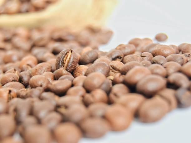 istock texture of brown coffee beans on a light background. close-up, soft focus 1209592290