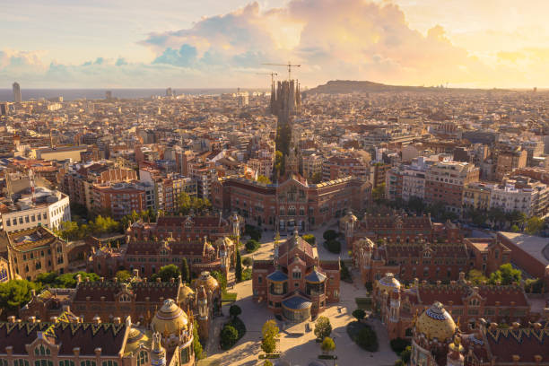 istock Drone aerial view of beautiful tradition famous pattern building grid pattern and San Pow Hospital in  Barcelona cityscape in Spain, 1209595635