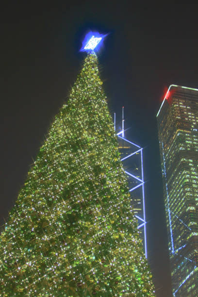 16 dez 2008 foto em frente a árvore de natal no distrito central de hong kong, china. - hong shopping night skyline - fotografias e filmes do acervo