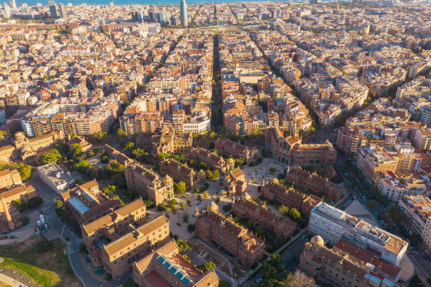 istock Drone aerial view of beautiful tradition famous pattern building grid pattern and San Pow Hospital in  Barcelona cityscape in Spain, 1209595733