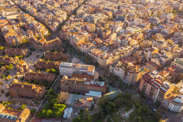 istock Drone aerial view of beautiful tradition famous pattern building grid pattern and San Pow Hospital in  Barcelona cityscape in Spain, 1209595741