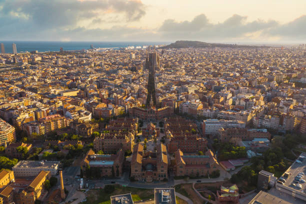 istock Drone aerial view of beautiful tradition famous pattern building grid pattern and San Pow Hospital in  Barcelona cityscape in Spain, 1209595782