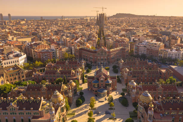 istock Drone aerial view of beautiful tradition famous pattern building grid pattern and San Pow Hospital in  Barcelona cityscape in Spain, 1209595791