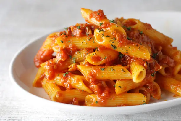 Penne, short pasta, bolognese, tomato, tomato sauce, minced meat, cheese, parmesan, macaroni, pasta, italian, red,