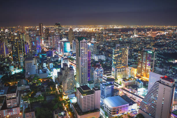 Panoramic view Cityscape business district ( silom , Sathorn , Bangrak ,Bangkok, Thailand) from aerial view high building at dusk