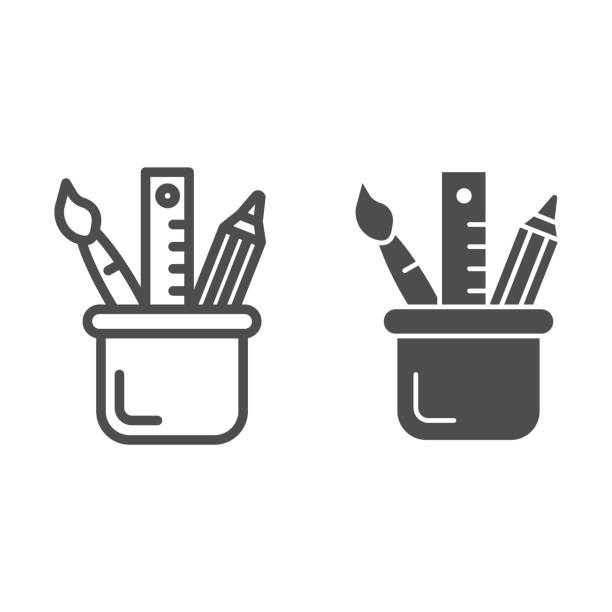 문구선과 글리프 아이콘. 흰색으로 격리된 컵 벡터 그림의 그리기 도구입니다. 연필, 브러시 및 눈금자 윤곽 스타일 디자인, 웹 및 응용 프로그램을 위해 설계. eps 10. - 문구 stock illustrations