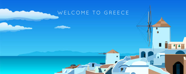 ilustraciones, imágenes clip art, dibujos animados e iconos de stock de amplio panorama del paisaje de grecia - greece greek islands town village