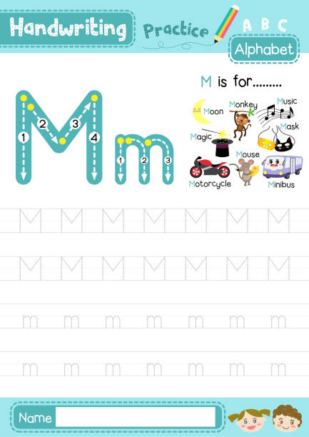 Letter M uppercase and lowercase tracing practice worksheet A4 Letter M uppercase and lowercase cute children colorful ABC alphabet trace practice worksheet for kids learning English vocabulary and handwriting layout in A4 vector illustration. magic mouse stock illustrations