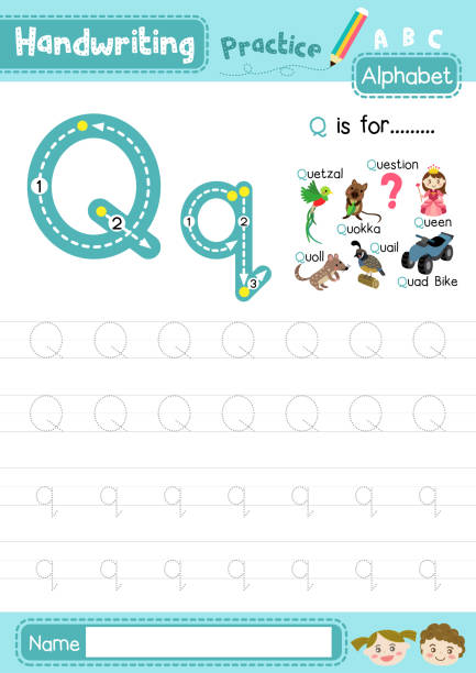 Letter Q uppercase and lowercase tracing practice worksheet A4 Letter Q uppercase and lowercase cute children colorful ABC alphabet trace practice worksheet for kids learning English vocabulary and handwriting layout in A4 vector illustration. trogon stock illustrations