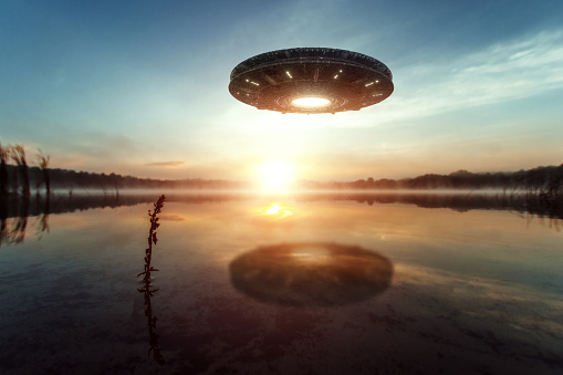 UFO, an alien plate hovering above water, hovering motionless in the air. Unidentified flying object, alien invasion, extraterrestrial life, space travel, humanoid spaceship mixed medium