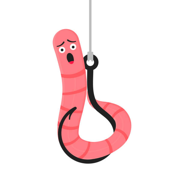 ilustraciones, imágenes clip art, dibujos animados e iconos de stock de icono de icono de personaje de dibujos animados earthworm. gusano con expresión de cara smilling en el gancho estilo plano diseño de ilustración vectorial aislado sobre fondo blanco. criatura animal arrastrándose. - fishing worm