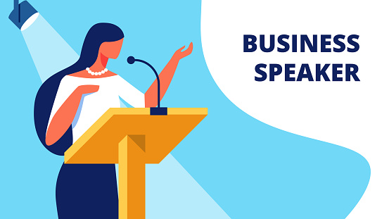 Woman Business Speaker on Podium Reads Report. Presentation to Audience. Business Training for Women. Vector Illustration. Standing in front Audience. Woman Business Clothes in Conference Hall.