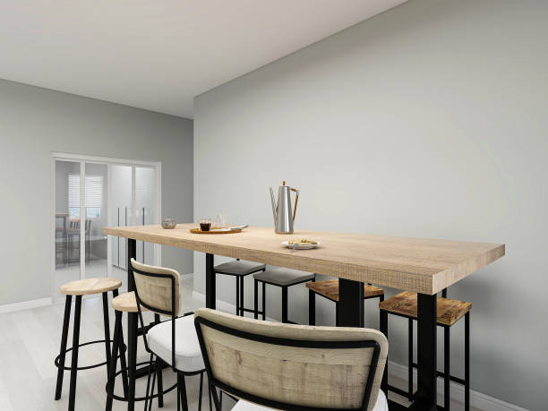 istock 3D rendering, modern kitchen with bar counter design and wooden dining table next to it 1209632284