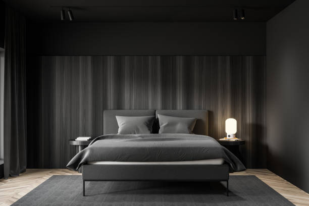 istock Gray and wooden master bedroom interior 1209633264