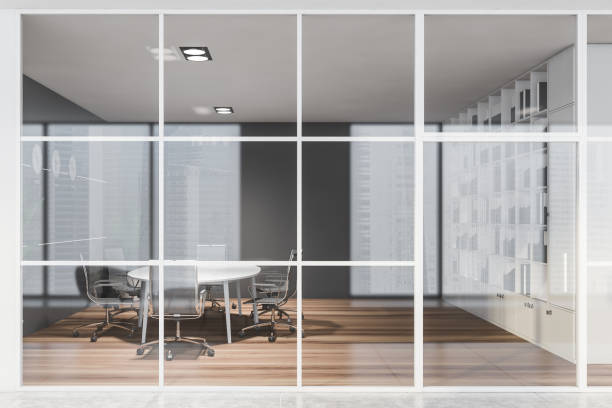 istock Gray round table conference room and office hall 1209633599