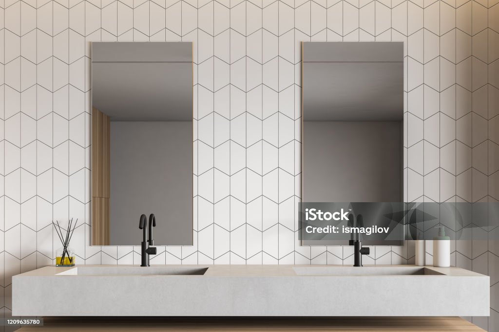 White tile bathroom interior with double sink Double sink with two vertical mirrors standing in modern bathroom with white tile walls. Concept of interior design. 3d rendering Bathroom Stock Photo