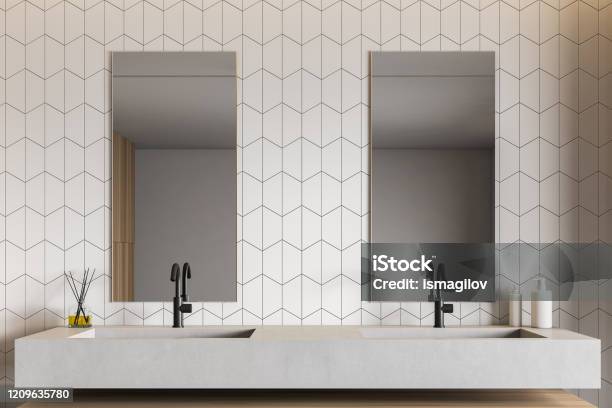 White Tile Bathroom Interior With Double Sink Stock Photo - Download Image Now - Bathroom, Modern, Sink