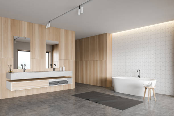 istock White tile and wood bathroom corner 1209635807