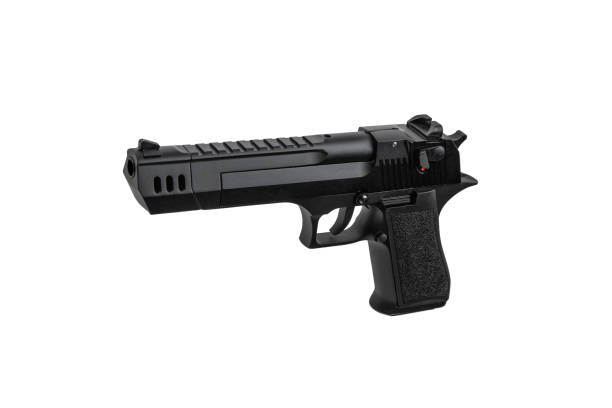 istock Black gun pistol isolated on white background. A large and powerful modern gun. Weapons for sports and self-defense. Armament of police, army and special units. 1209636014