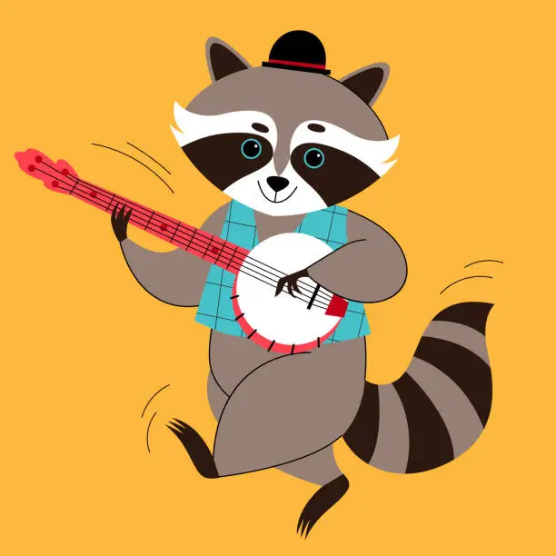 Vector illustration of Cute racoon playing banjo. Country music. Retro cartoon style.