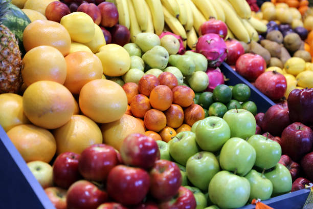 istock Top view of fruits texture close up as a background 1209638090